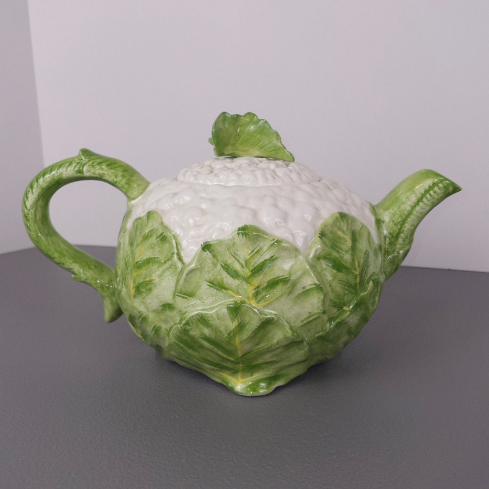 Fitz and Floyd Cauliflower Teapot Vintage 1985 Ceramic Vegetable Cottage Kitsch
